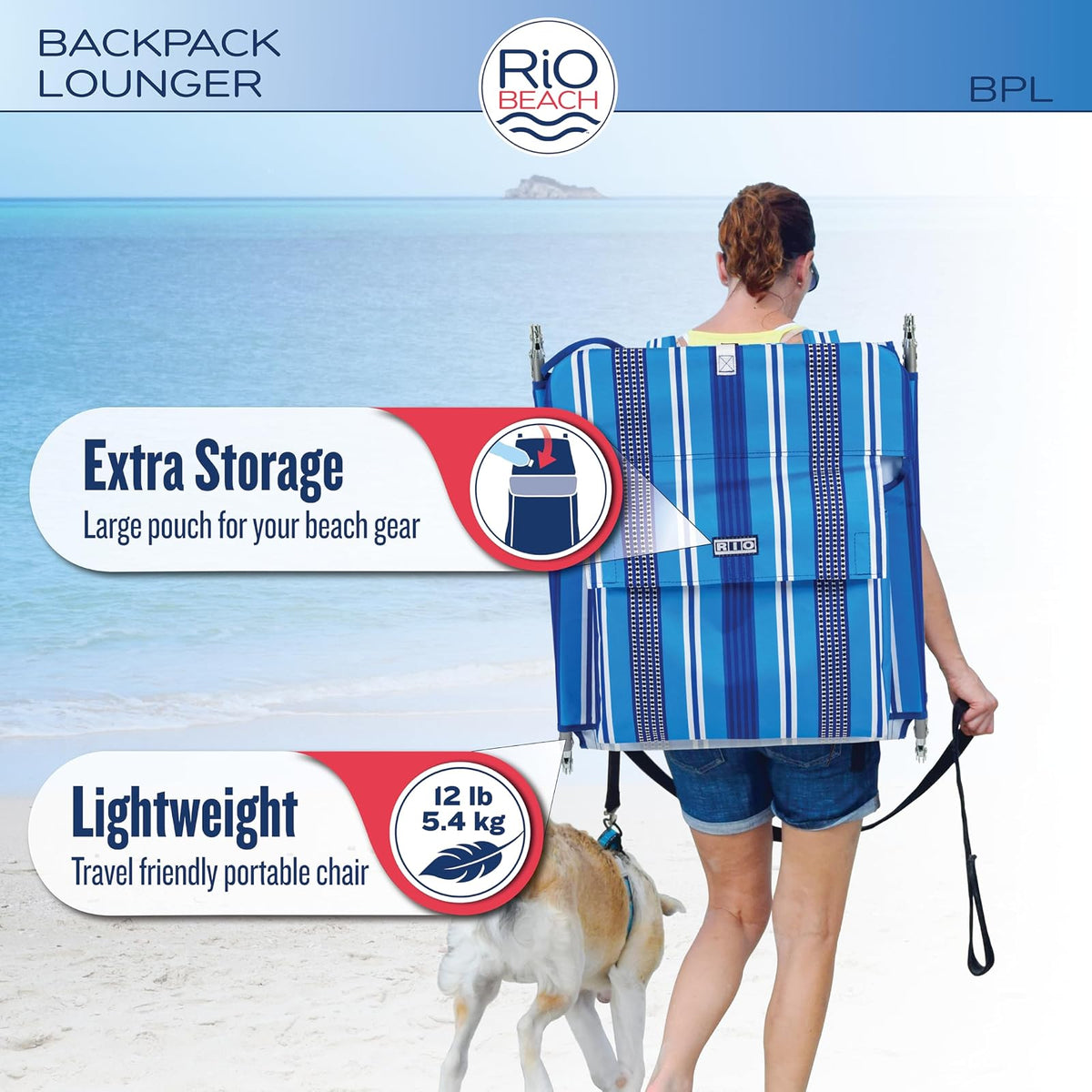 Rio Beach Multi Position Backpack Chair Lounger with Blue Stripe