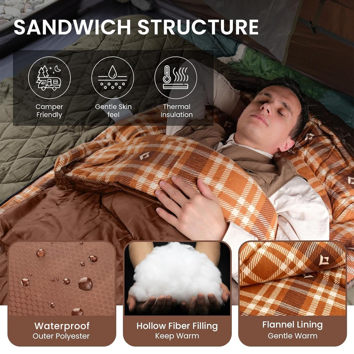 KingCamp Saco de Dormir para Adultos, Clima Frío y Cálido, XL Extra Grande, Acolchado de Franela, Impermeable y Portátil, Incluye Saco de Compresión, Ideal para Camping