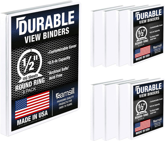 Samsill 3 Ring Durable View Binders - 8 Pack, 1/2 Inch Round Ring , Non-Stick Customizable Clear Cover, White