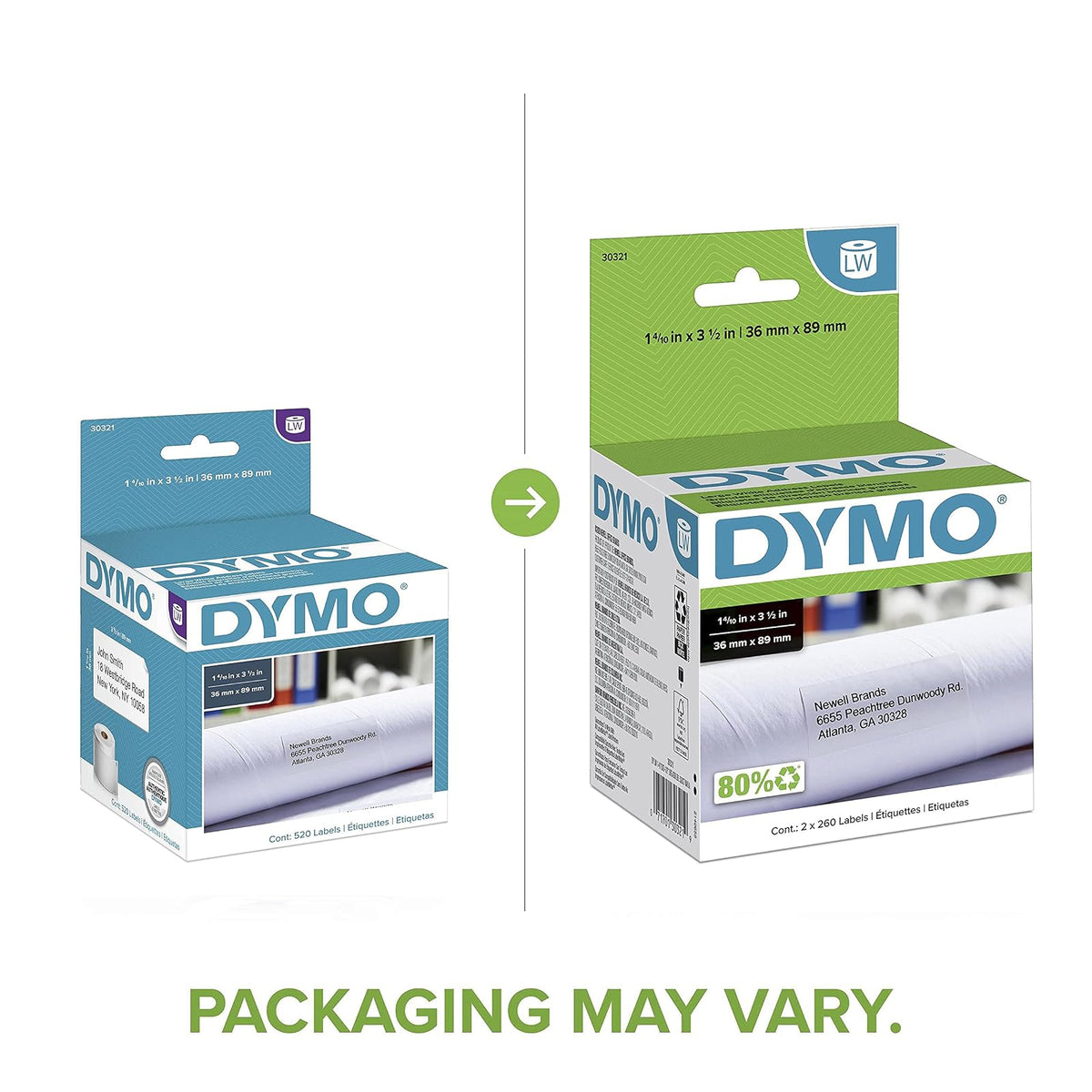 DYMO LW Large Mailing Address Labels for LabelWriter Label Printers, White, 1-4/10'' x 3-1/2'', Large, 2 rolls of 260