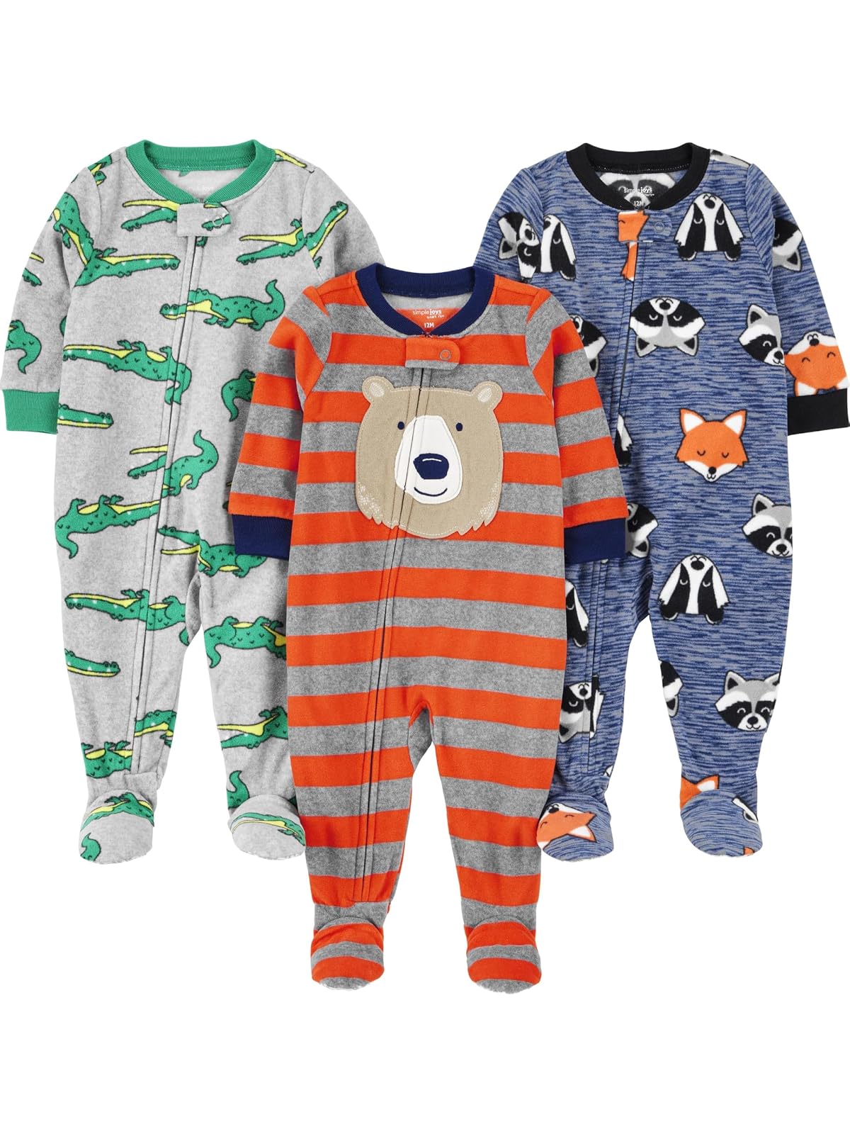 Simple Joys by Carter's pijama con pies, paquete de 3 - 2 Años - Zorro Azul - Cocodrilo Gris - Oso Naranja