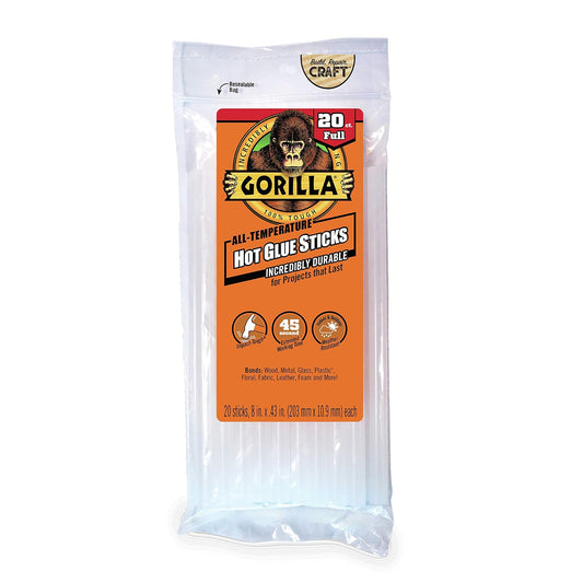 Gorilla Palos de pegamento caliente, tamaño completo, 8 pulgadas de largo x 0.43 pulgadas de diámetro, 20 unidades, transparentes, (paquete de 1)