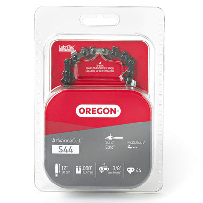 Oregon S44 AdvanceCut - Cadena de sierra de repuesto para barras guía de 12 pulgadas, 44 eslabones de transmisión, paso: 3/8 pulgadas de baja vibración, calibre 0.50 pulgadas, se adapta a varios modelos Stihl, gris