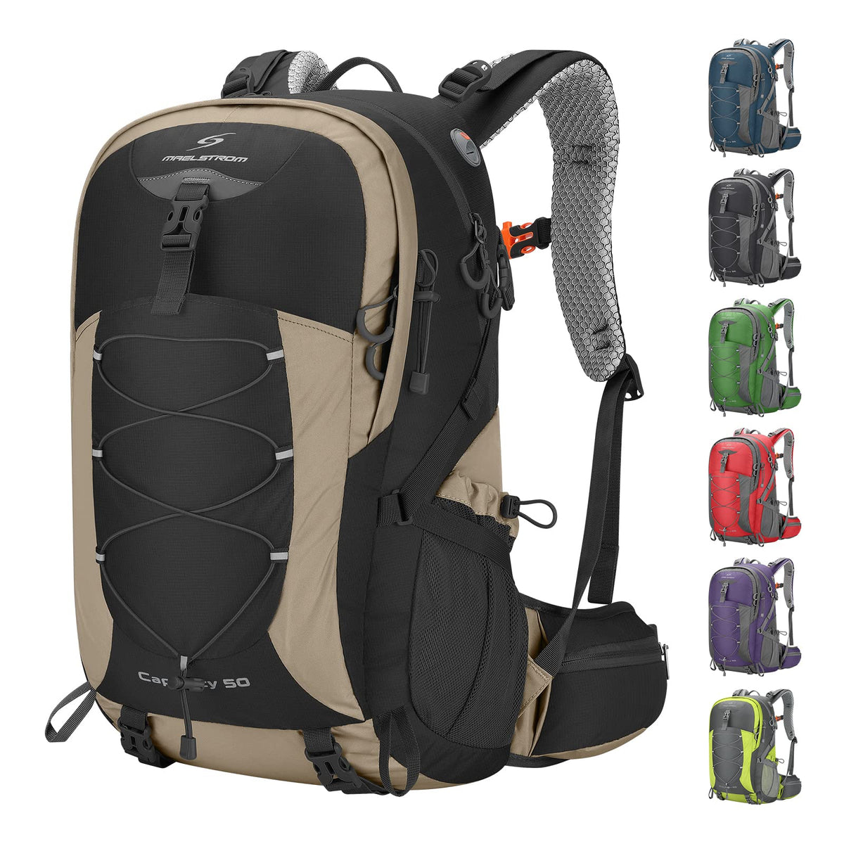 Maelstrom Mochila Senderismo Liviana, Mochila Camping con Cubierta Lluvia | Nailon anti desgarro agua, separación seco húmedo, bolsillos, silbato emergencia. Ideal hombre, mujer, senderismo - 40 L - Caqui