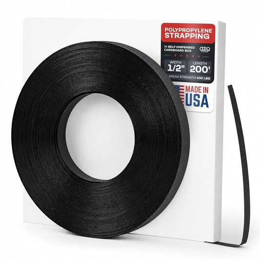 IDL Packaging PP12.600 Rollo de fleje de polipropileno (PP) de 1/2 pulgada x 200 pies, en caja dispensada, resistencia a la rotura de 600 libras - Correas de embalaje de bandas de polietileno