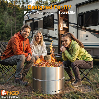 HGD - Chimenea sin Humo de 19.5 Pulgadas con Parrilla, fogata portátil de leña para Camping y Patio, Chimenea de Acero Inoxidable al Aire última intervensión con Bolsa de Viaje, fácil instalación y