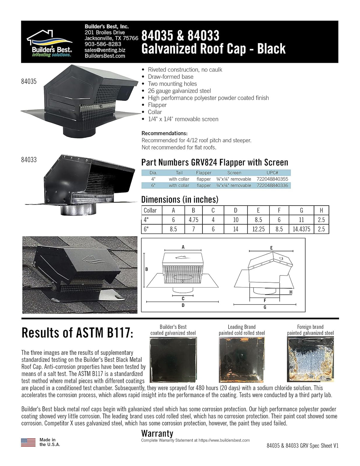 Builder's Best Tapa de Ventilación de Techo Galvanizada 4" Diámetro Negra