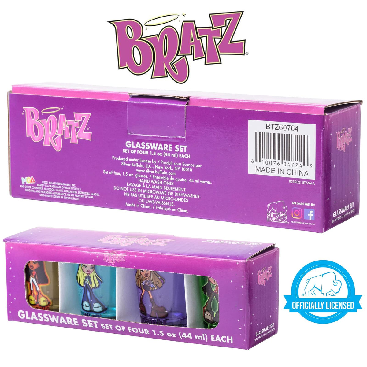 Silver Buffalo Bratz Airbrush Sparkle - Juego de 4 mini vidrio, 1.5 onzas