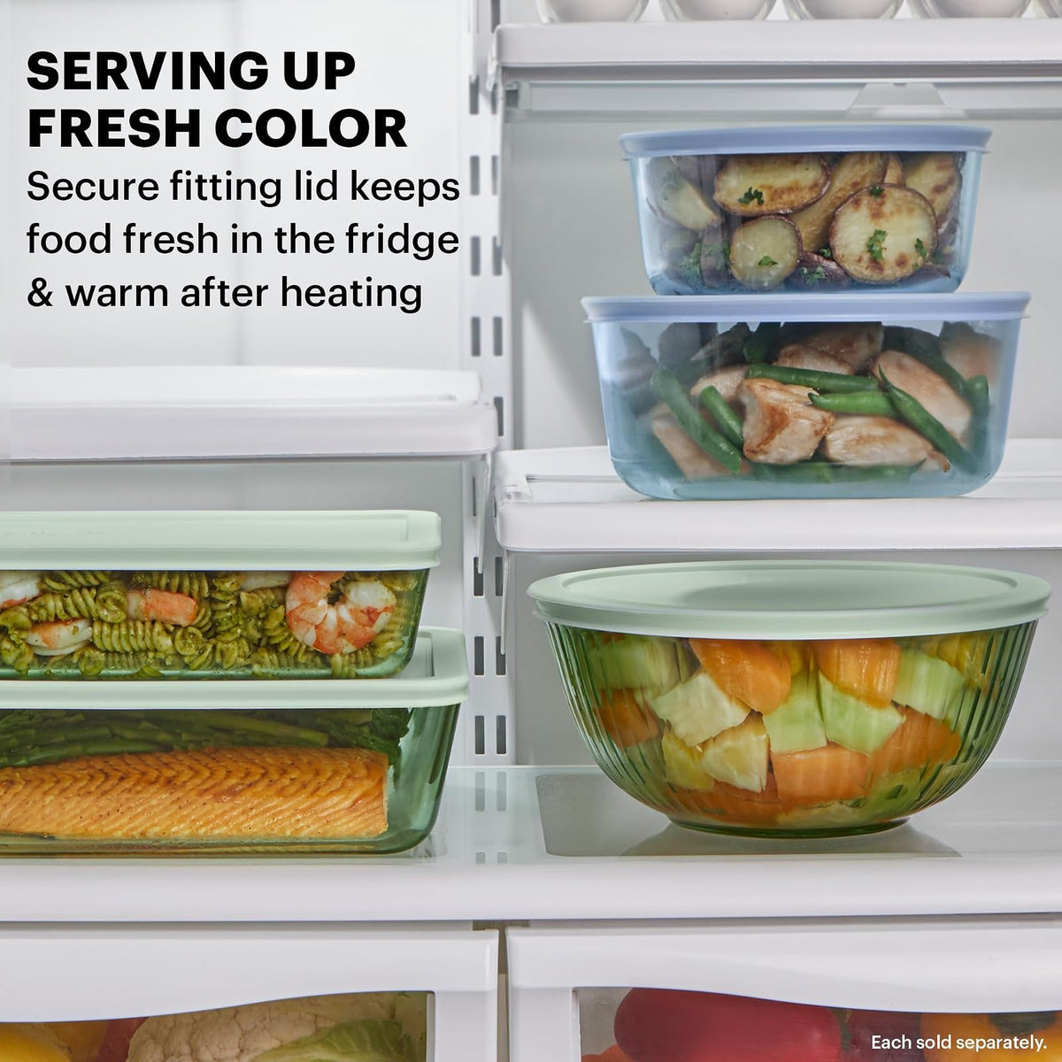 Pyrex Colors - Juego completo de 6 piezas, cuencos para mezclar de vidrio pequeños/medianos/grandes con tapas, juego de cuencos para ahorrar espacio para preparar y hornear, 1.3QT, 2.3QT y 4.5QT