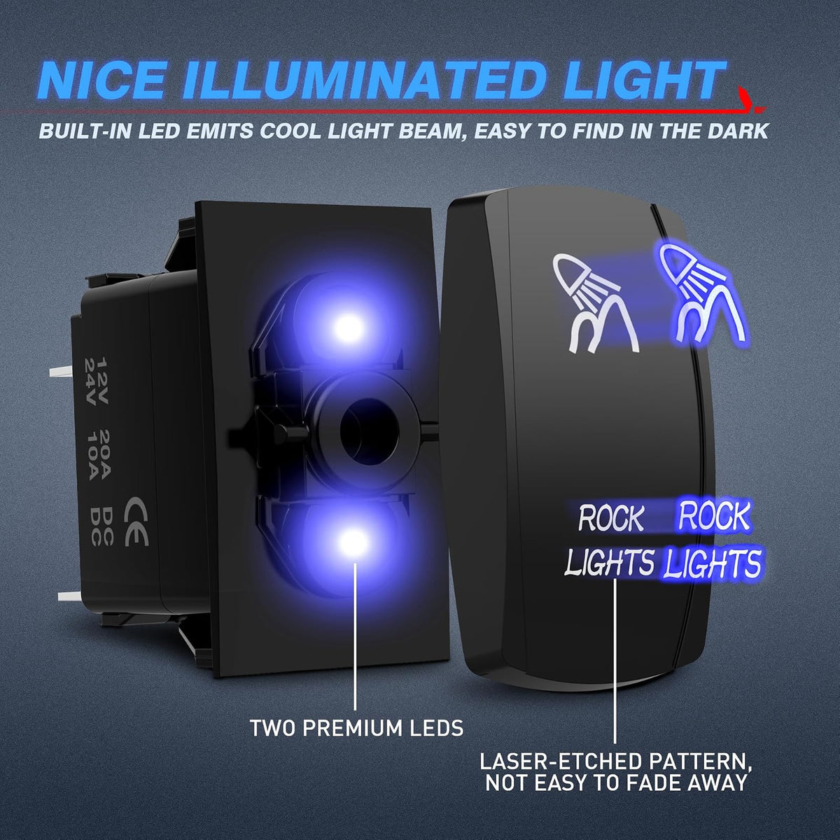 Mictuning Juego de interruptores basculantes con luces azules LED de encendido/apagado, 20 A 12 V (LS083501JL)