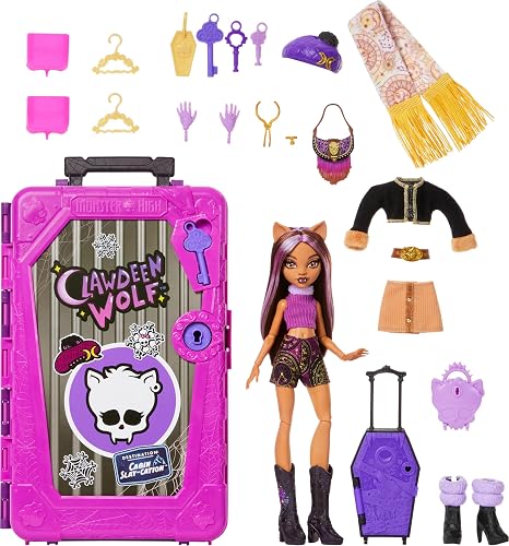 Monster High Skulltimate Secrets Clawdeen Wolf Cabin Doll | Destino: Juego de desboxeo de cabinas con veliz y más de 19 sorpresas como ropa y accesorios, muñeca de hombre lobo