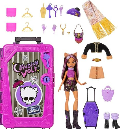 Monster High Skulltimate Secrets Clawdeen Wolf Cabin Doll | Destino: Juego de desboxeo de cabinas con veliz y más de 19 sorpresas como ropa y accesorios, muñeca de hombre lobo