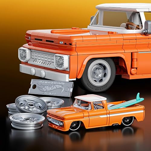 Hot Wheels Brick Shop Juguete de Construcción Custom Chevy '62 Pickup 1:16 | Serie Elite; incluye motor expuesto, calcomanías, placa de colección y auto de metal, para coleccionistas