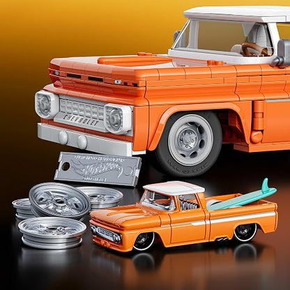Hot Wheels Brick Shop Juguete de Construcción Custom Chevy '62 Pickup 1:16 | Serie Elite; incluye motor expuesto, calcomanías, placa de colección y auto de metal, para coleccionistas
