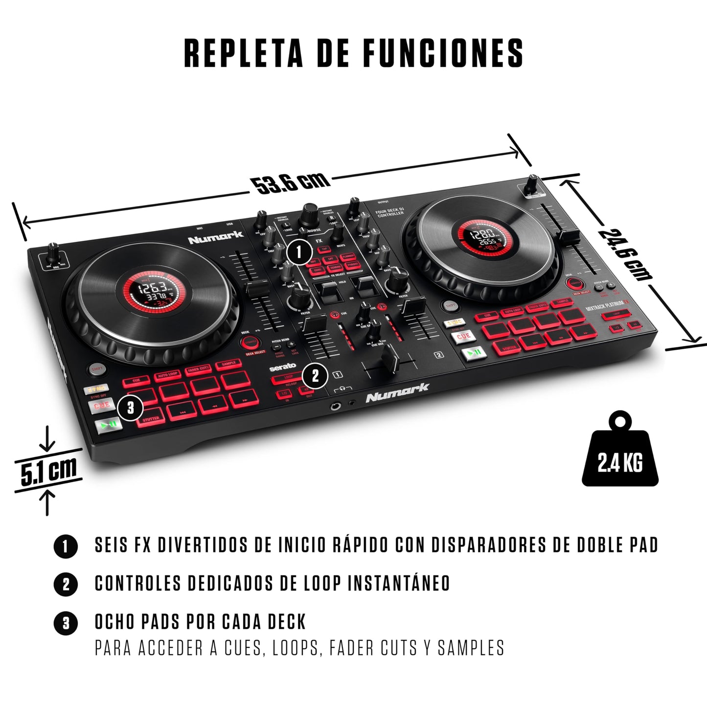 Numark Mixtrack Platinum FX Controlador DJ Para Serato DJ Con Control de 4 Secciones, Mezclador DJ, Interfaz de Audio Incorporada, Pantallas en Las Ruedas de Selección y Paletas de Efectos