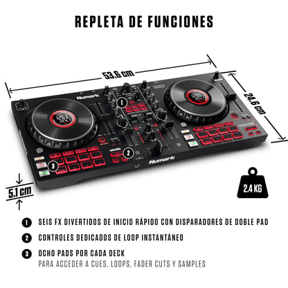 Numark Mixtrack Platinum FX Controlador DJ Para Serato DJ Con Control de 4 Secciones, Mezclador DJ, Interfaz de Audio Incorporada, Pantallas en Las Ruedas de Selección y Paletas de Efectos