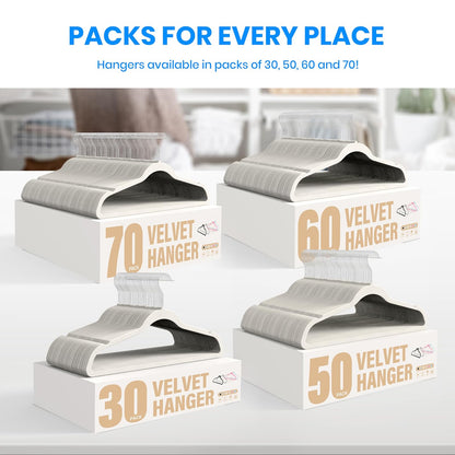YSSOA - Juego de 70 Perchas de Terciopelo Antideslizantes con Muescas en los Hombros, Ganchos giratorios de 360°, Colgador estándar Resistente para Ahorrar Espacio en el clóset, Color Blanco