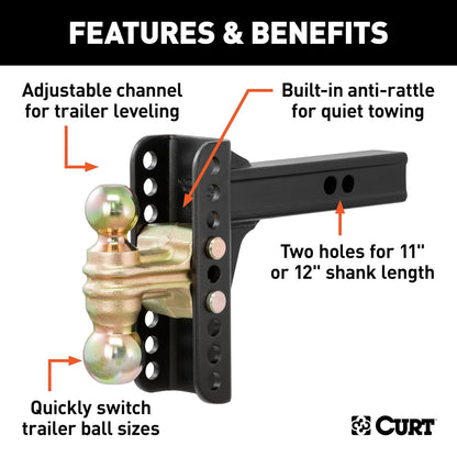 CURT Soporte de Bola de Enganche Ajustable 45900 para Receptor de 2 in, Caída de 6 in, Bolas de 2 y 2-5/16 in, 14 Libras, Negro