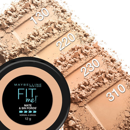 Maybelline Base de Maquillaje en Polvo Fit Me, 310 Sun Beige, 12 gr, matifica y controla brillo por 16h, minimiza la apariencia de poros, iguala el tono y la textura de la piel