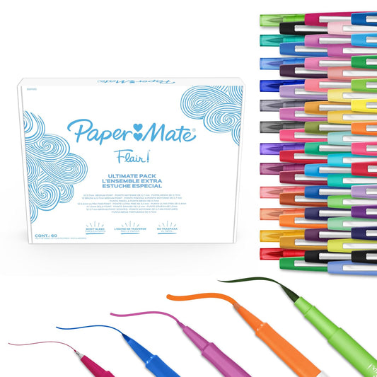 Paper Mate Flair - Bolígrafos de punta de fieltro, paquete definitivo, cuenta con 5 tipos diferentes de bolígrafos, 60 unidades, diversión creativa, esenciales para el aula, suministros para