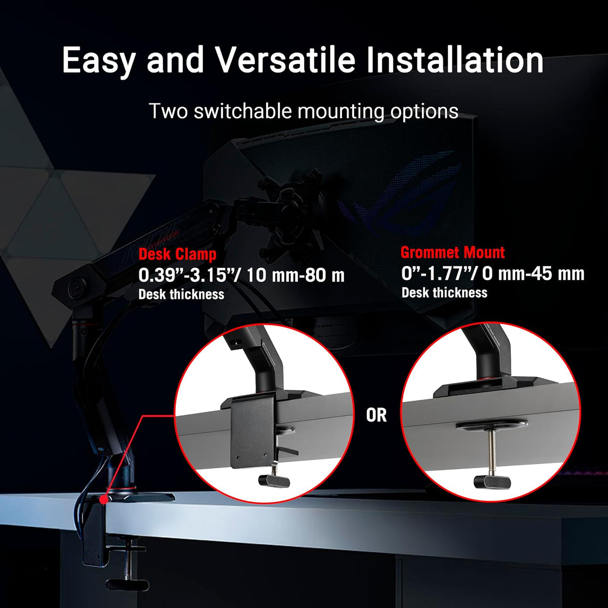 ROG Ergo - Brazo para Monitor (AAS01R) – Soporte mecánico para Monitor con Abrazadera de computadora y Montaje en Ojal, soporta hasta 49 Pulgadas * Dentro de 13,5 kg, pivote/Giratorio/rotación/Altura