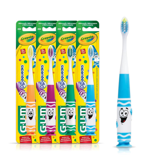 GUM Crayola Pip-Squeaks - cepillo para polvo de dientes manual para niños, cerdas extra suaves para niños pequeños a partir de 3 años, base de ventosa, 1 unidad (paquete de 4)