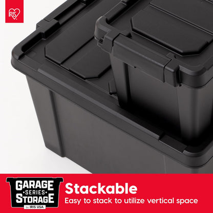 IRIS USA 6 Contenedores Resistentes de 5 Gal con Tapa, Negro | Diseñado para herramientas, ferretería, suministros de emergencia y equipos pequeños. Diseño apilable.