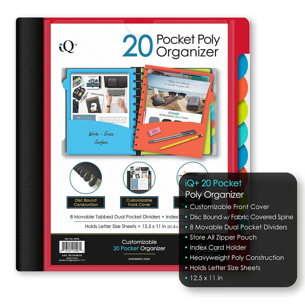 iScholar Carpeta de 20 bolsillos con bolsa con cremallera, el color puede variar (34906)