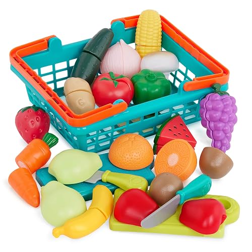 Battat, Cesta de Frutas y Verduras de Juguete para Cortar, Verde | Juego de 37 piezas con 1 cesta, 2 tablas de cortar, 2 cuchillos y 16 frutas y verduras en mitades, verde, 2 años y +
