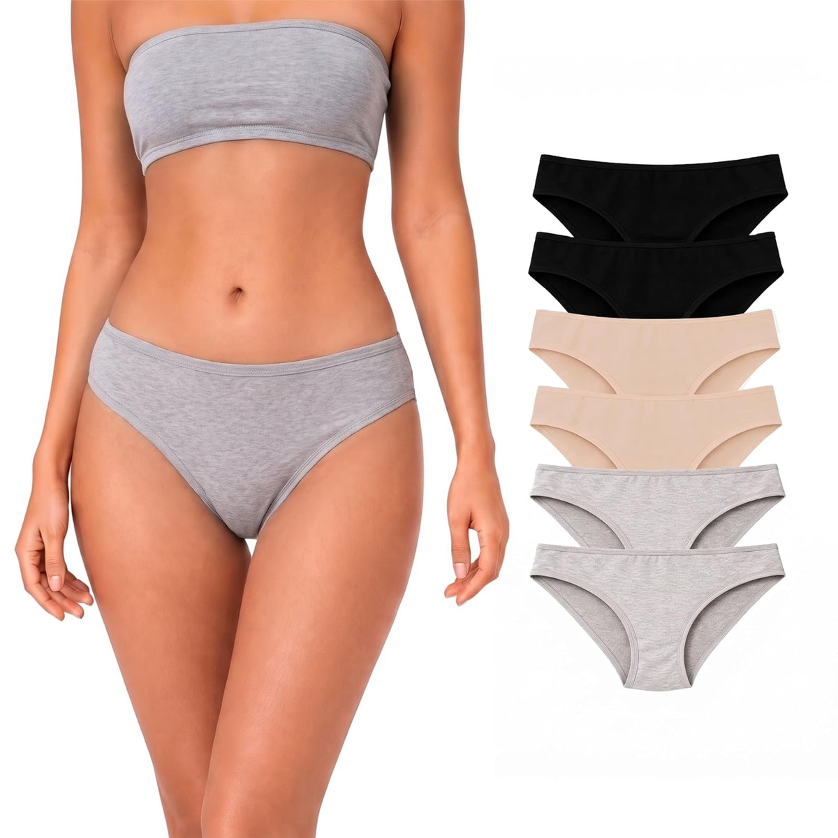 BODYcontrol Pantaletas Bikini de Algodón para Mujer - CH - GRIS - NEGRO - NUDE - SET 6
