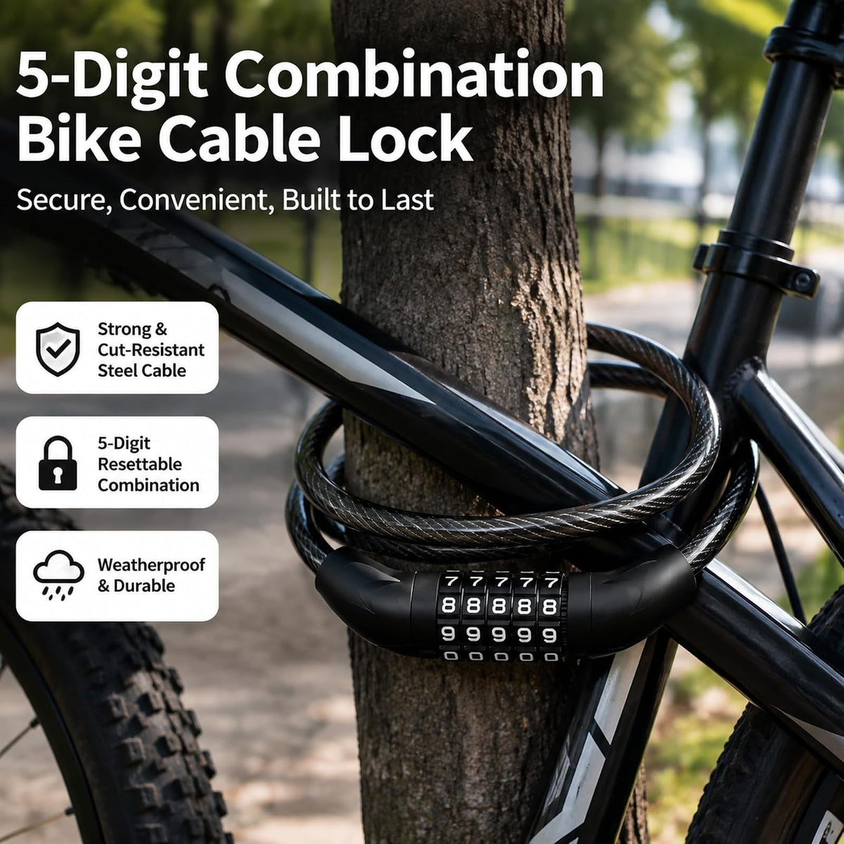 KEYSTP - Cable de Bloqueo de Bicicleta de 5 dígitos, Resistente y reiniciable, antirrobo con Soporte de Montaje, Cable de Acero Impermeable para Scooters, eléctricas, Uso al Aire última