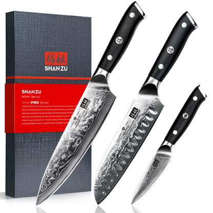 SHAN ZU 3 Piezas Juego de Cuchillo de Cocina, Set Cuchillo de Cocina Japones de Acero de 67 Capas, Cuchillo de Chef Cuchillo Santoku Cuchillo Pelador - PRO Series