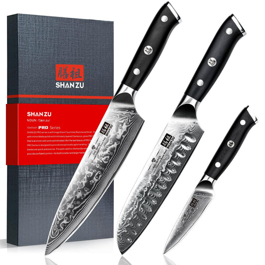 SHAN ZU 3 Piezas Juego de Cuchillo de Cocina, Set Cuchillo de Cocina Japones de Acero de 67 Capas, Cuchillo de Chef Cuchillo Santoku Cuchillo Pelador - PRO Series