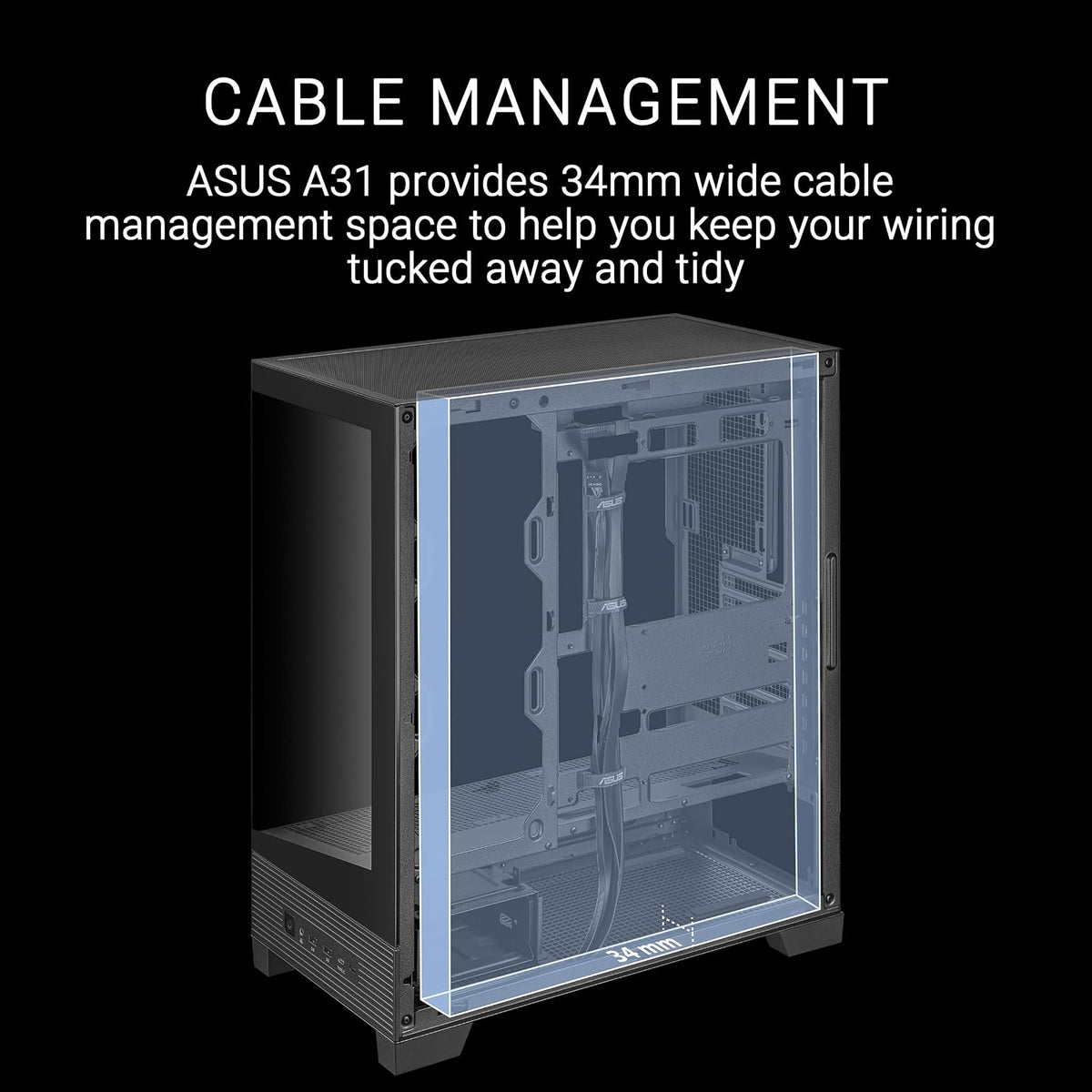 ASUS A31 Black ATX Case | Media torre ATX, doble vidrio templado sin pilar, USB-C 3.2 Gen 2x2 frontal, radiador hasta 360mm, compatible BTF, GPU 380mm