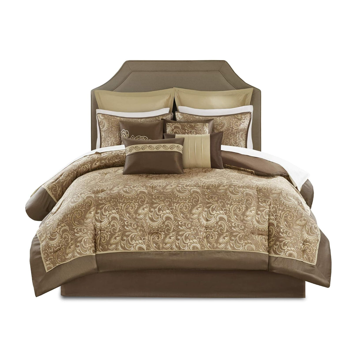 Madison Park Essentials Edredón Brystol Queen | 24 piezas, café, cachemira jacquard, seda sintética, hipoalergénico, juego para habitación