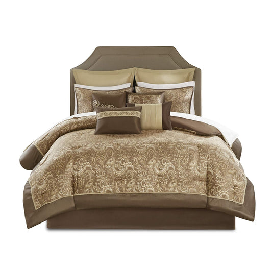 Madison Park Essentials Edredón Brystol Queen | 24 piezas, café, cachemira jacquard, seda sintética, hipoalergénico, juego para habitación