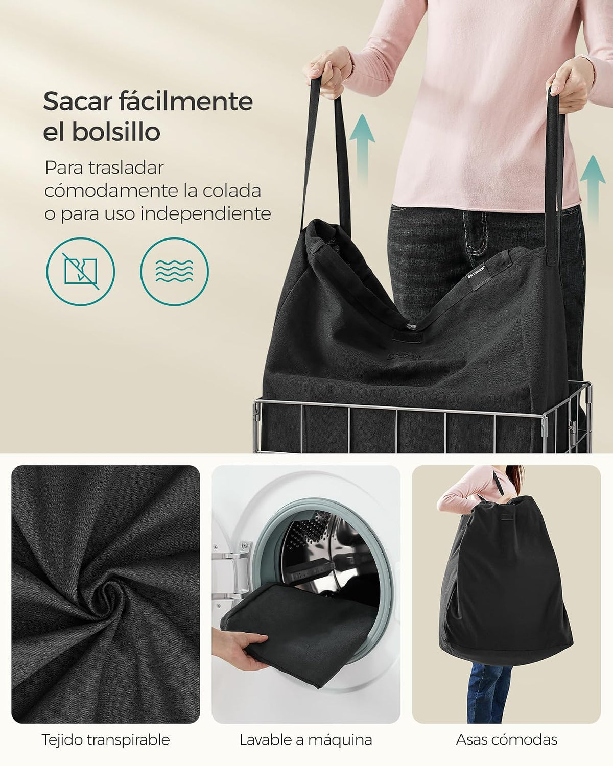 SONGMICS Cesto de Ropa Sucias Plegable con Bolsa Extraíble y Lavable, Marco de Acero, Capacidad 90L, 48x33x58 cm MLCB190B01