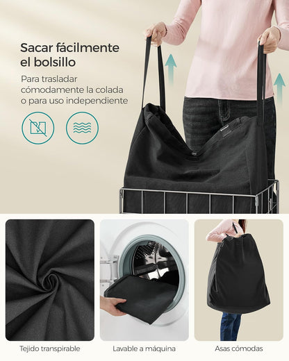 SONGMICS Cesto de Ropa Sucias Plegable con Bolsa Extraíble y Lavable, Marco de Acero, Capacidad 90L, 48x33x58 cm MLCB190B01