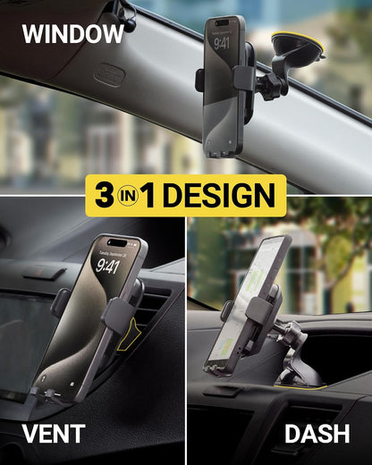 Scosche GHVWD 3 en 1 Soporte Universal para teléfono con Ventosa para salpicadero de Automóvil y camión, Parabrisas/Montaje de ventilación, Soporte de teléfono Ajustable de 360°, Soporte para teléfono