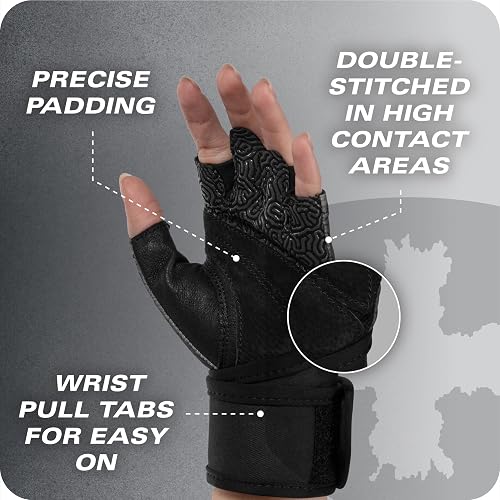Harbinger Pro - Guantes de pulsera 3.0 - Agarre mejorado, soporte de muñeca superior, licra elástica transpirable en 4 direcciones, palma de piel duradera, diseño de medio dedo para levantamiento de