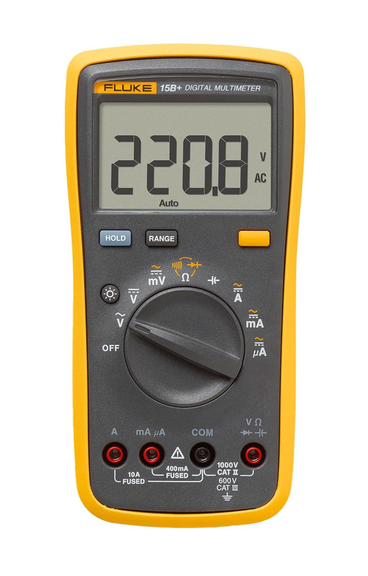 Fluke 15B+ Multímetro Digital Profesional 1000 V AC/DC, 10 A AC/DC, Resistencia, Capacitancia, Continuidad, Pantalla Retroiluminada, Cat III 600 V (Valor Medio)