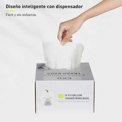 EKO Bolsas de Basura Tamaño E. 25-35 Litros. 80unidades. Caja dosificación fácil. Compatible con bote de basura EKO, uso en cocina, doméstico, extrafuertes, con cordón