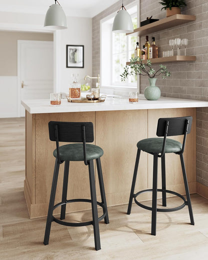 VASAGLE - Taburetes de Bar, Juego de 2, Tapizados de Poliuretano, con Respaldo y Reposapiés, Montaje Simple, para Comedor y Cocina, Negro y Verde Bosque