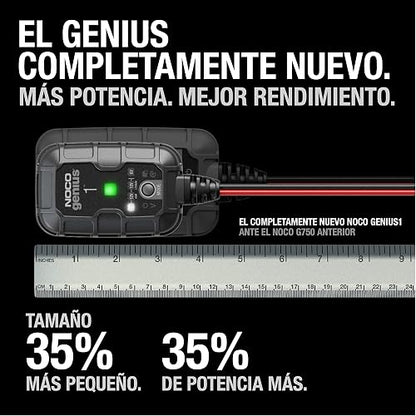 NOCO GENIUS1: Cargador de batería Inteligente 6V/12V 1A – Mantenedor automático, Cargador Lento y desulfatador con protección contra sobrecarga y compensación térmica – para baterías Plomo y Litio
