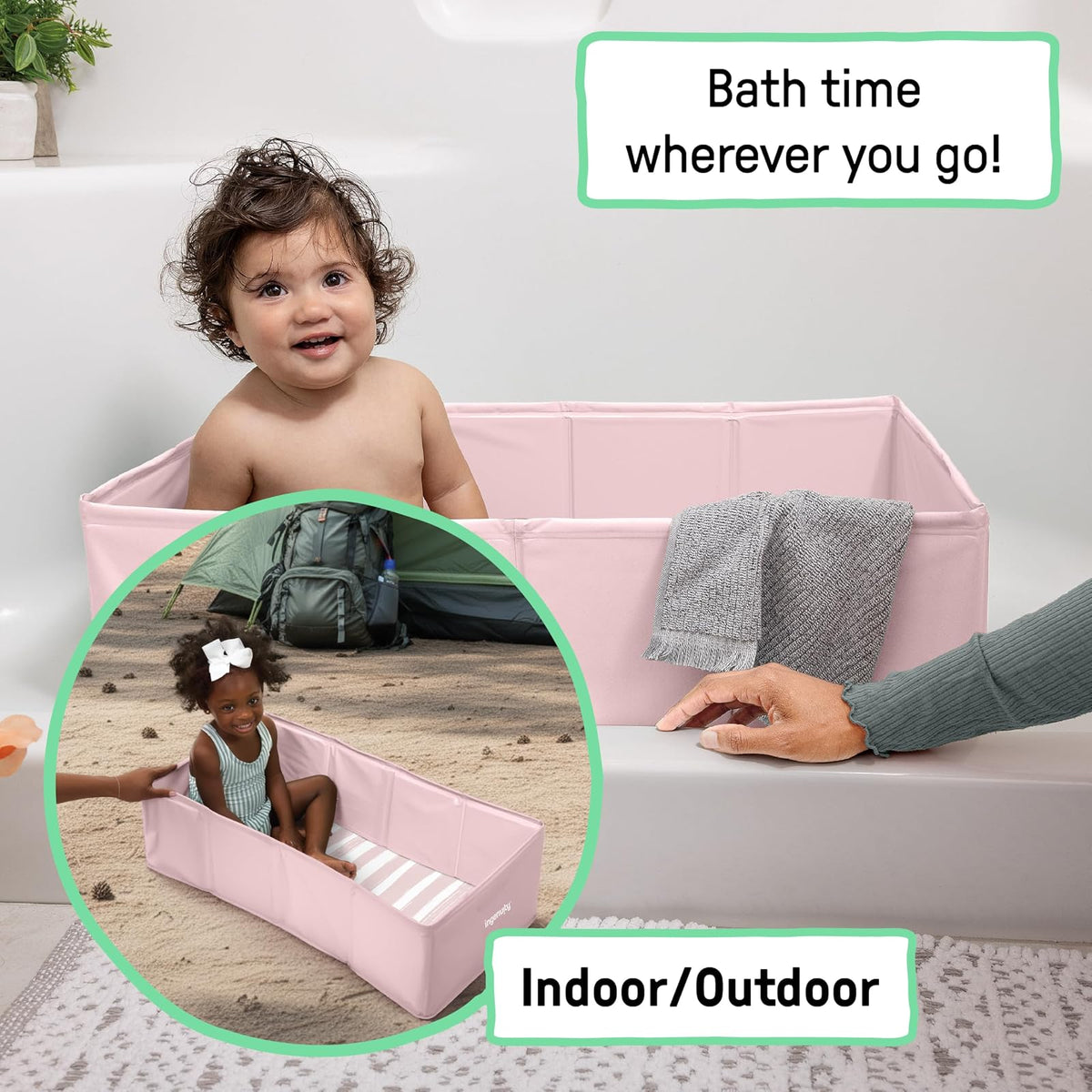 Ingenuity Tuckaway Tina para niños pequeños, convierte la ducha en tina, se pliega para almacenar, fácil de limpiar, no requiere montaje, 12 Meses a 5 Años, Rosa