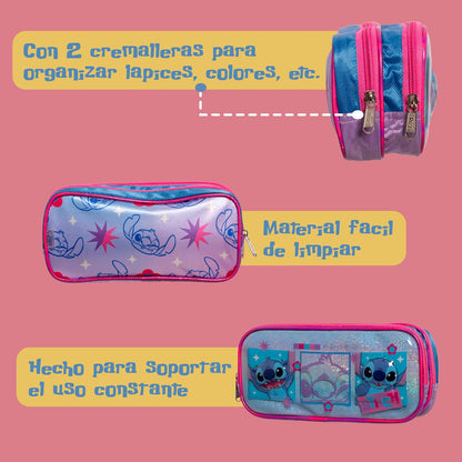 Ruz Lapicera Doble Infantil y Preescolar | Stitch | 100% Poliéster | Bolsa Escolar para Niños con Bolsillos Organizadores y Cierre de Cremallera | Recomendado desde 3 años