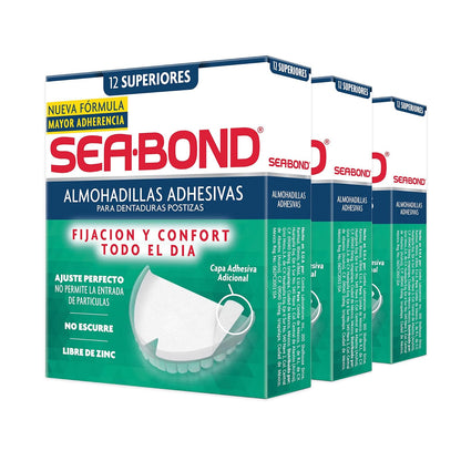 Sea-Bond Kit Almohadilla Adhesiva para Dentaduras Postizas Superiores, 3 pack 12 Piezas Cada una