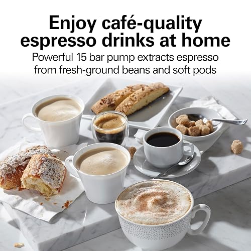 Hamilton Beach 40715 Cafetera Espresso, 2 Tazas, Cappuccino, Mocha y Latte, 15 Bares, Negro y Plata