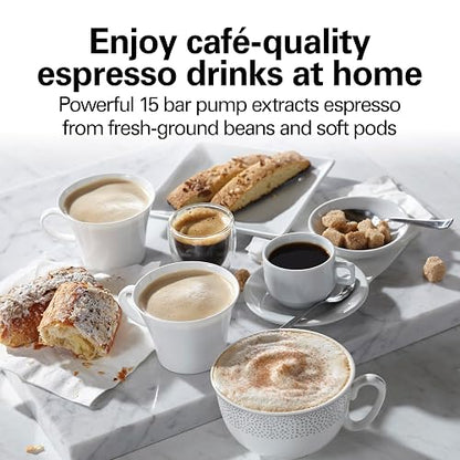Hamilton Beach 40715 Cafetera Espresso, 2 Tazas, Cappuccino, Mocha y Latte, 15 Bares, Negro y Plata