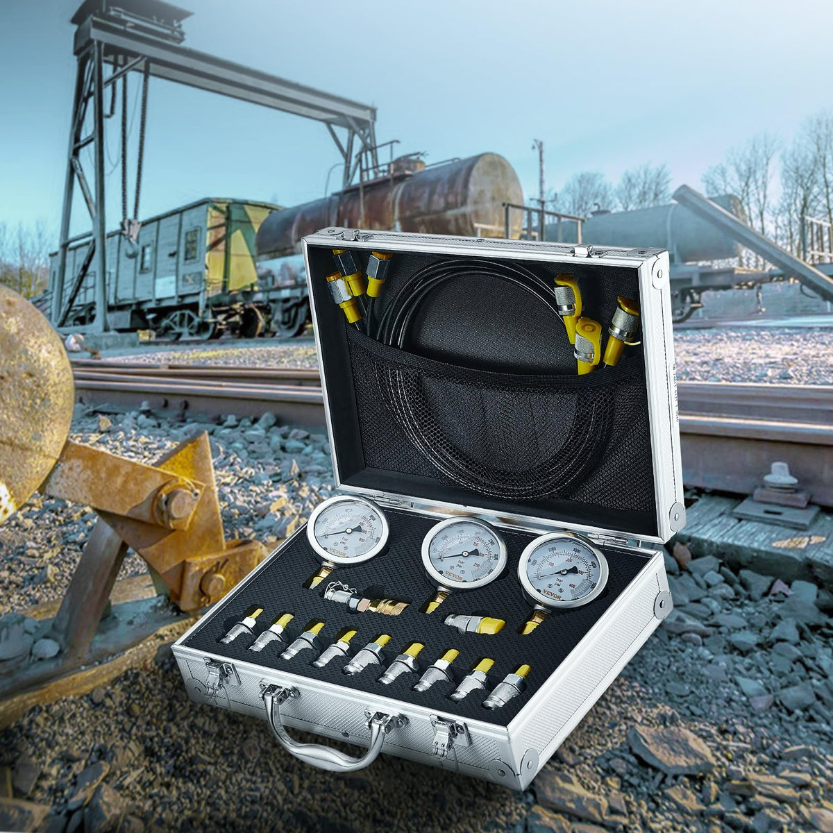 Kit de prueba de presión hidráulica, 250/400/600bar, 3 calibradores, 11 acoplamientos de prueba, 3 mangueras de prueba, juego de medidores de prueba hidráulica para excavadoras con estuche de